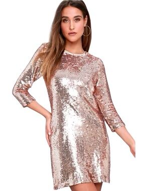 Lulus Main Event Rose Gold Sequin Sheath Dress 3/4 Sleeve Holiday Party glam XS